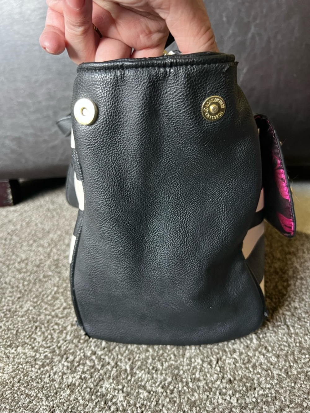 Betsey Johnson Floral Embellished Black and Cream Striped Purse Satchel Bag - Picture 10 of 16